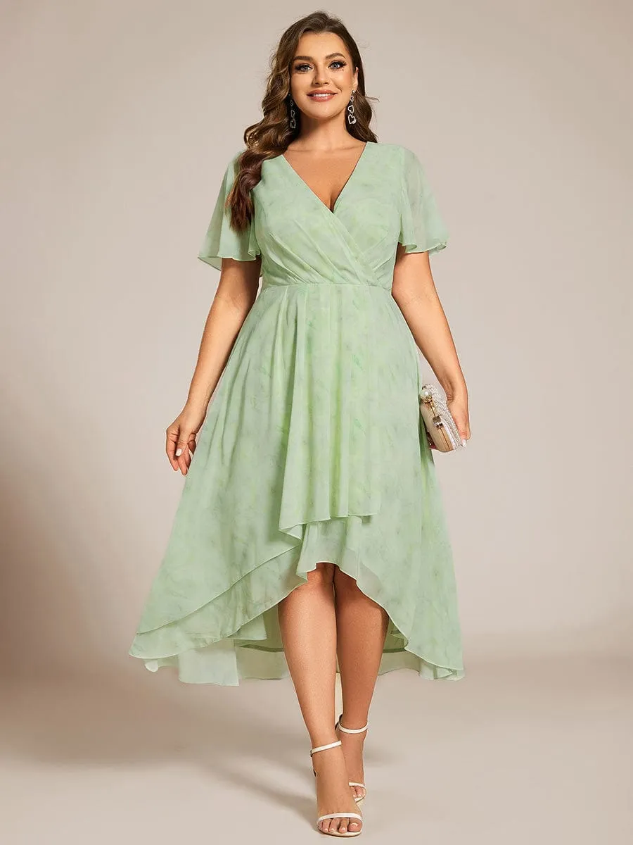 Plus Size Chiffon Short Sleeves Pleated V-Neck A-Line Midi Wedding Guest Dress