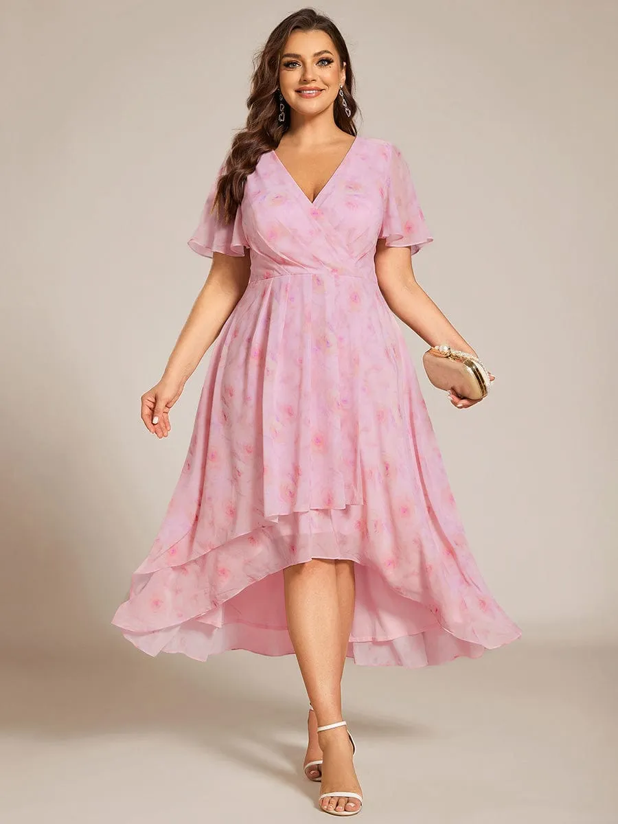 Plus Size Chiffon Short Sleeves Pleated V-Neck A-Line Midi Wedding Guest Dress