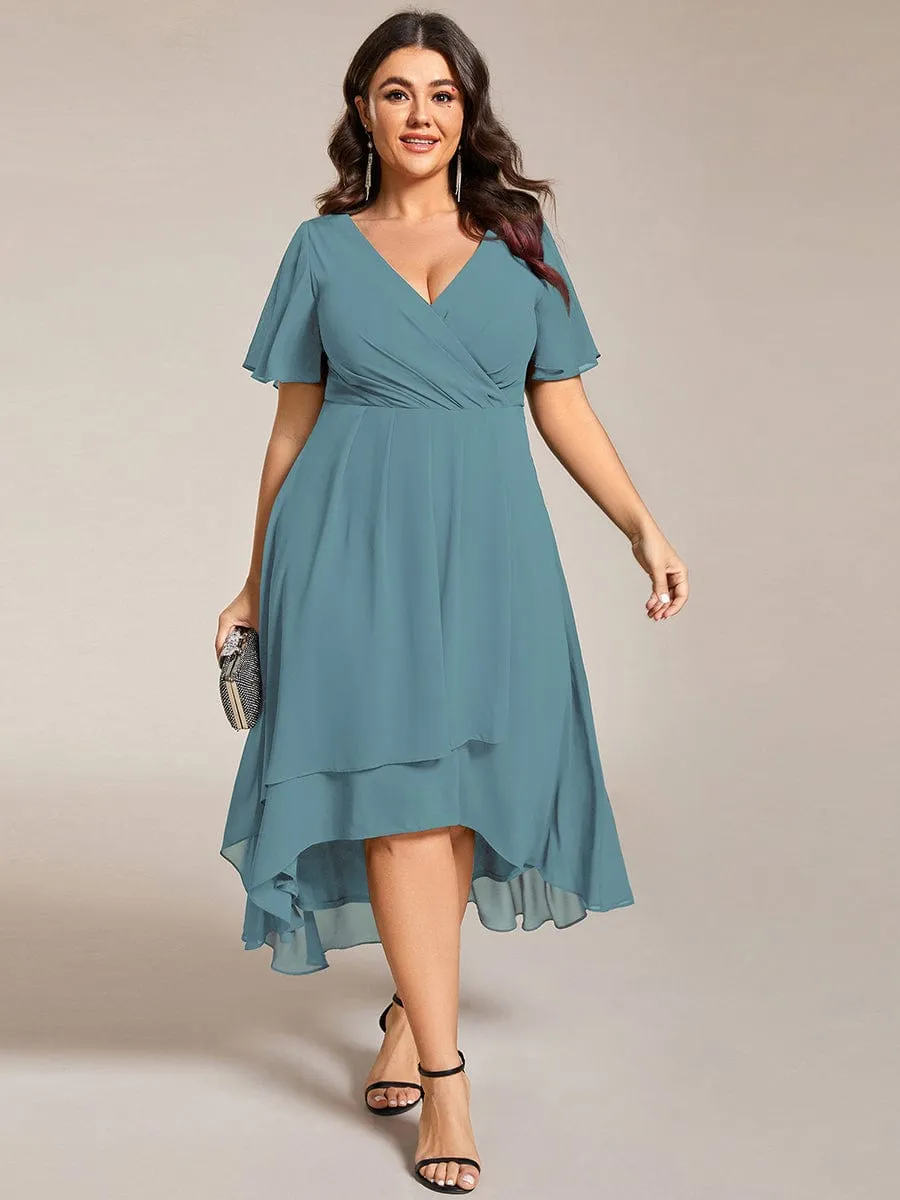 Plus Size Chiffon Short Sleeves Pleated V-Neck A-Line Midi Wedding Guest Dress