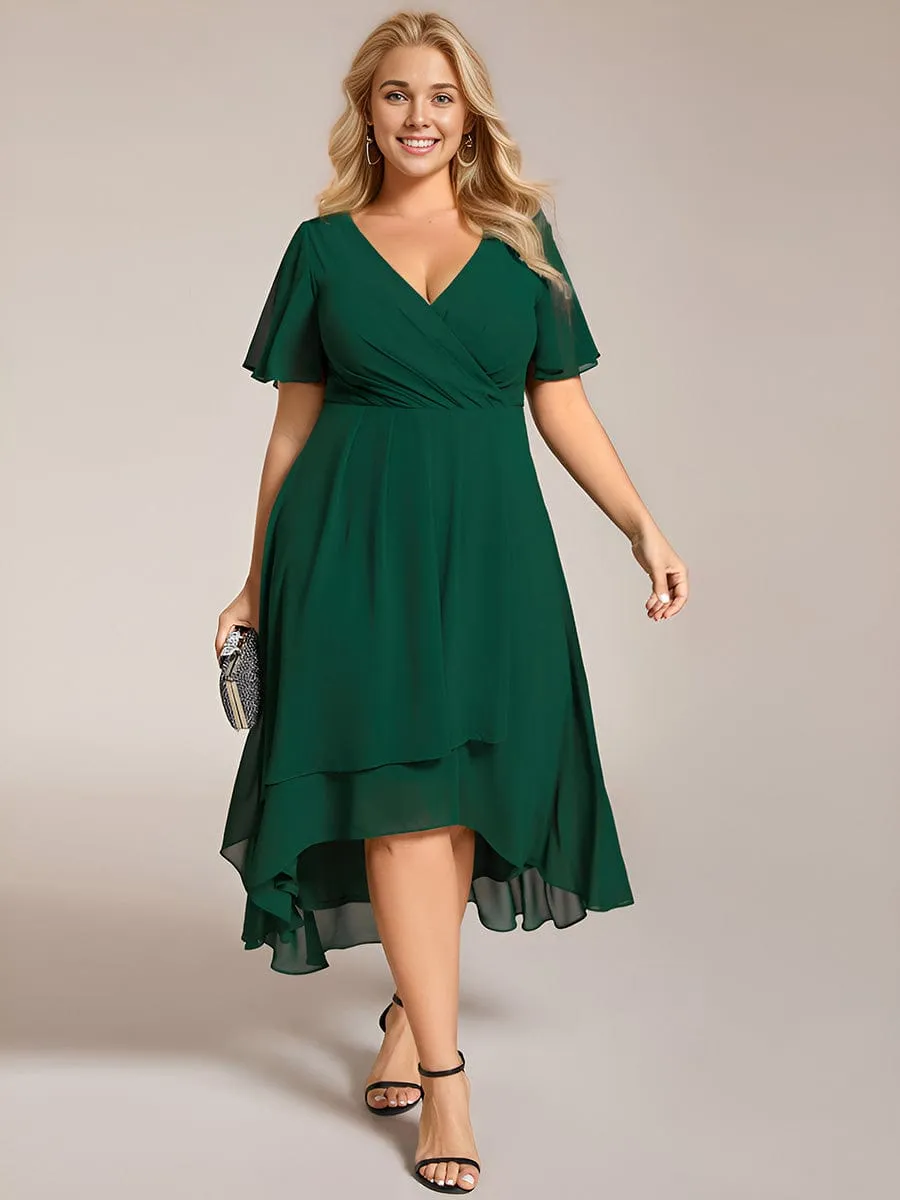 Plus Size Chiffon Short Sleeves Pleated V-Neck A-Line Midi Wedding Guest Dress