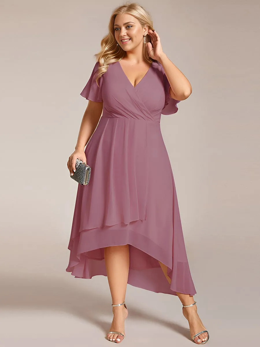 Plus Size Chiffon Short Sleeves Pleated V-Neck A-Line Midi Wedding Guest Dress