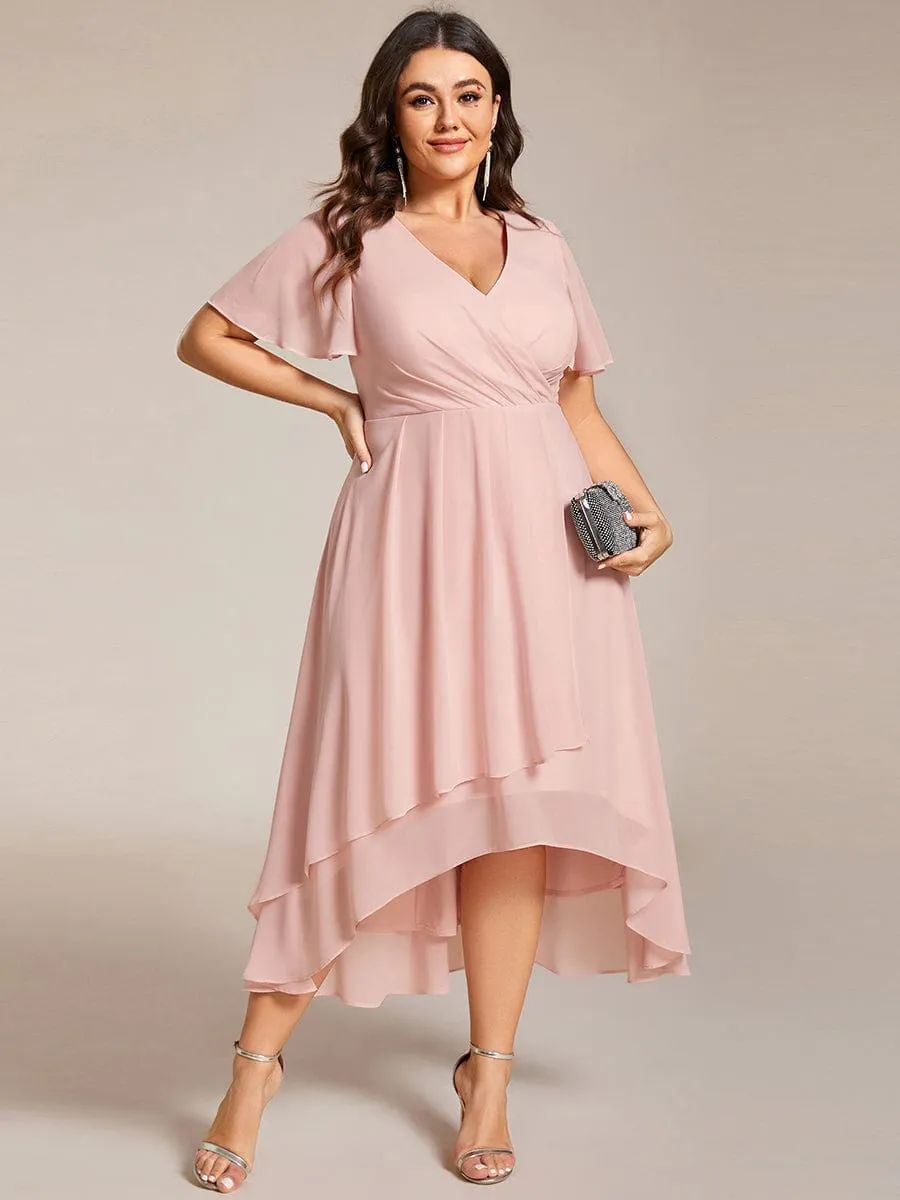 Plus Size Chiffon Short Sleeves Pleated V-Neck A-Line Midi Wedding Guest Dress