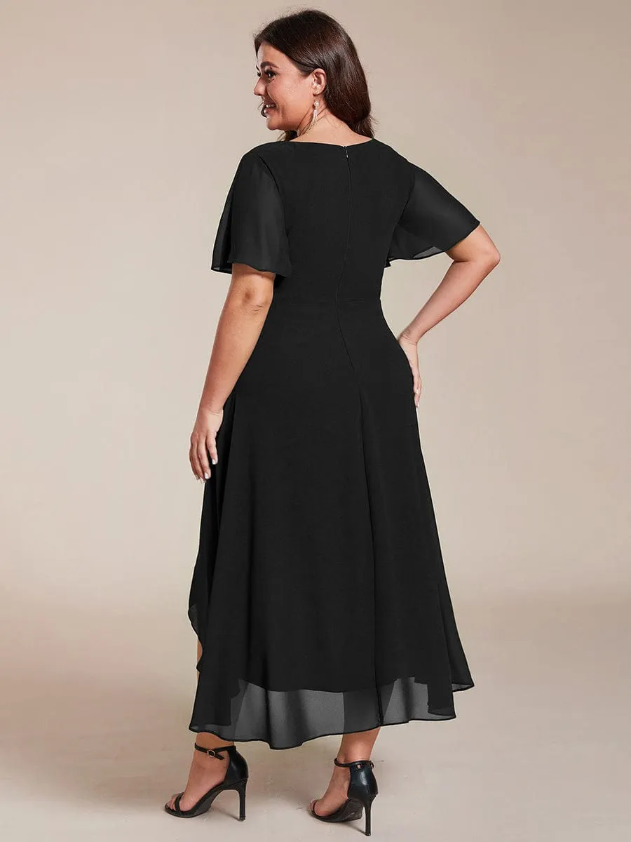 Plus Size Chiffon Short Sleeves Pleated V-Neck A-Line Midi Wedding Guest Dress