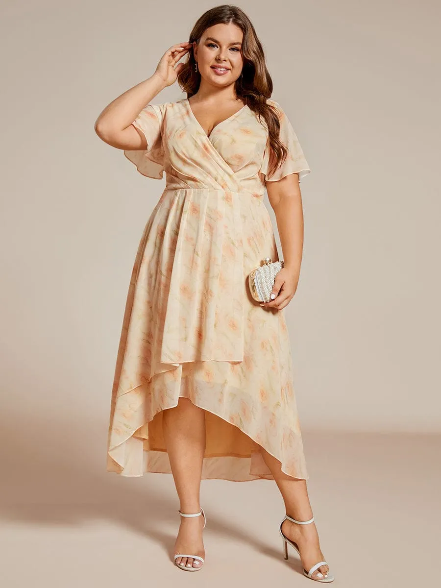 Plus Size Chiffon Short Sleeves Pleated V-Neck A-Line Midi Wedding Guest Dress