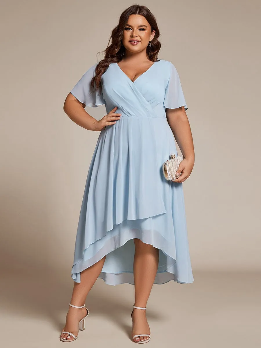 Plus Size Chiffon Short Sleeves Pleated V-Neck A-Line Midi Wedding Guest Dress