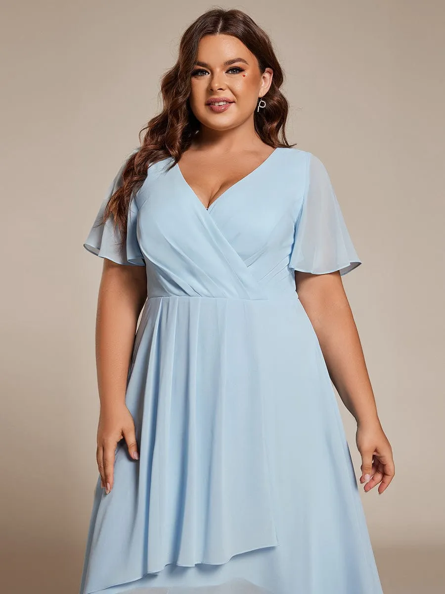 Plus Size Chiffon Short Sleeves Pleated V-Neck A-Line Midi Wedding Guest Dress