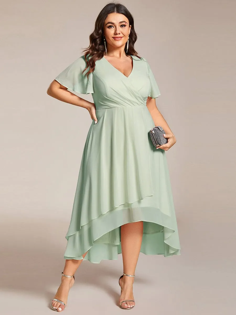 Plus Size Chiffon Short Sleeves Pleated V-Neck A-Line Midi Wedding Guest Dress