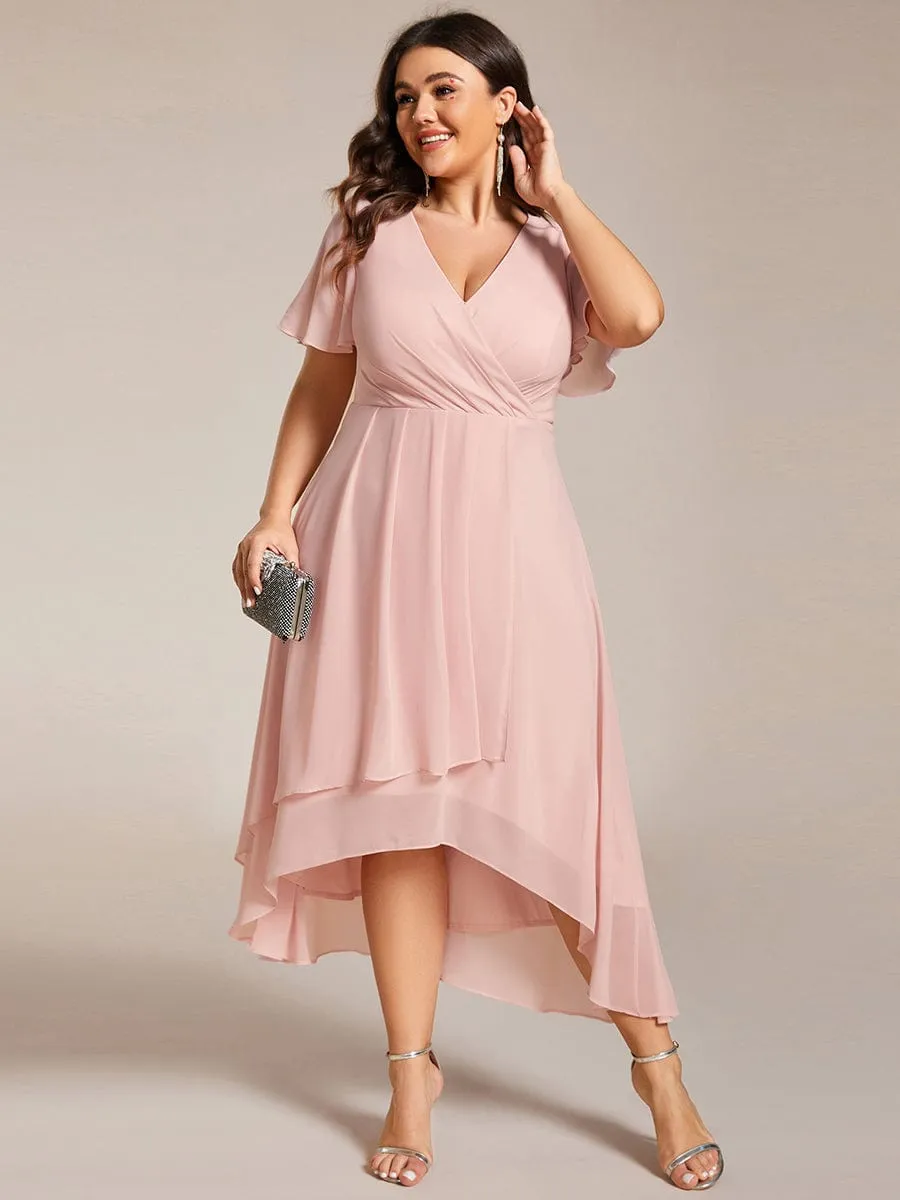 Plus Size Chiffon Short Sleeves Pleated V-Neck A-Line Midi Wedding Guest Dress