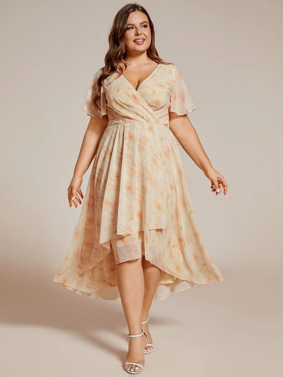 Plus Size Chiffon Short Sleeves Pleated V-Neck A-Line Midi Wedding Guest Dress