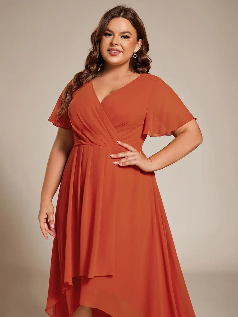 Plus Size Chiffon Short Sleeves Pleated V-Neck A-Line Midi Wedding Guest Dress