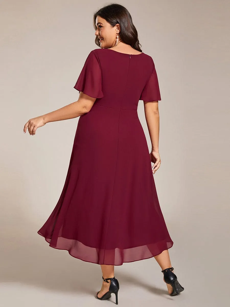 Plus Size Chiffon Short Sleeves Pleated V-Neck A-Line Midi Wedding Guest Dress