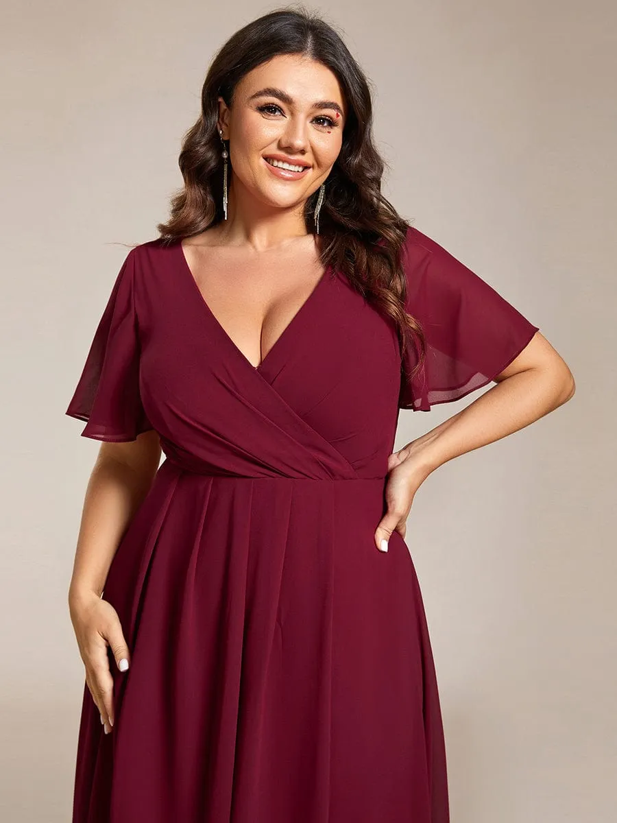 Plus Size Chiffon Short Sleeves Pleated V-Neck A-Line Midi Wedding Guest Dress