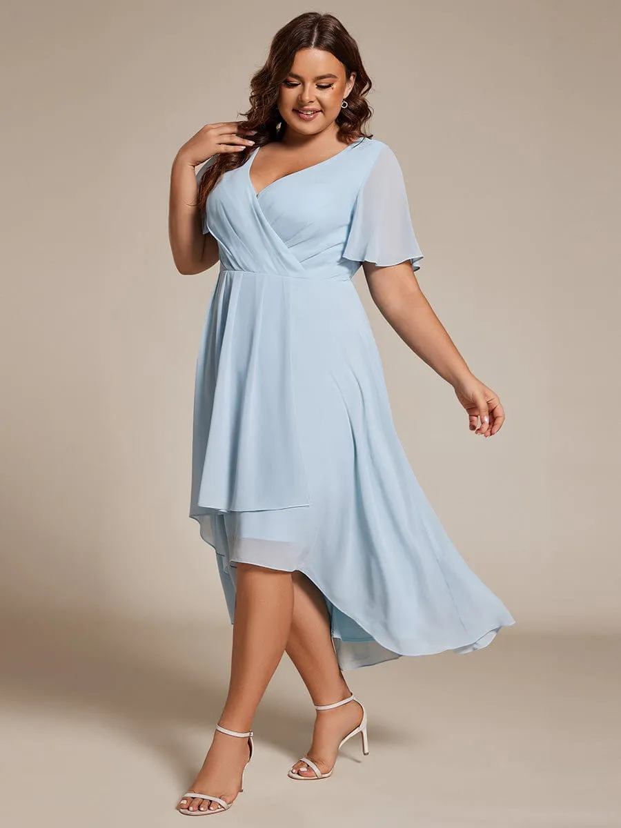 Plus Size Chiffon Short Sleeves Pleated V-Neck A-Line Midi Wedding Guest Dress