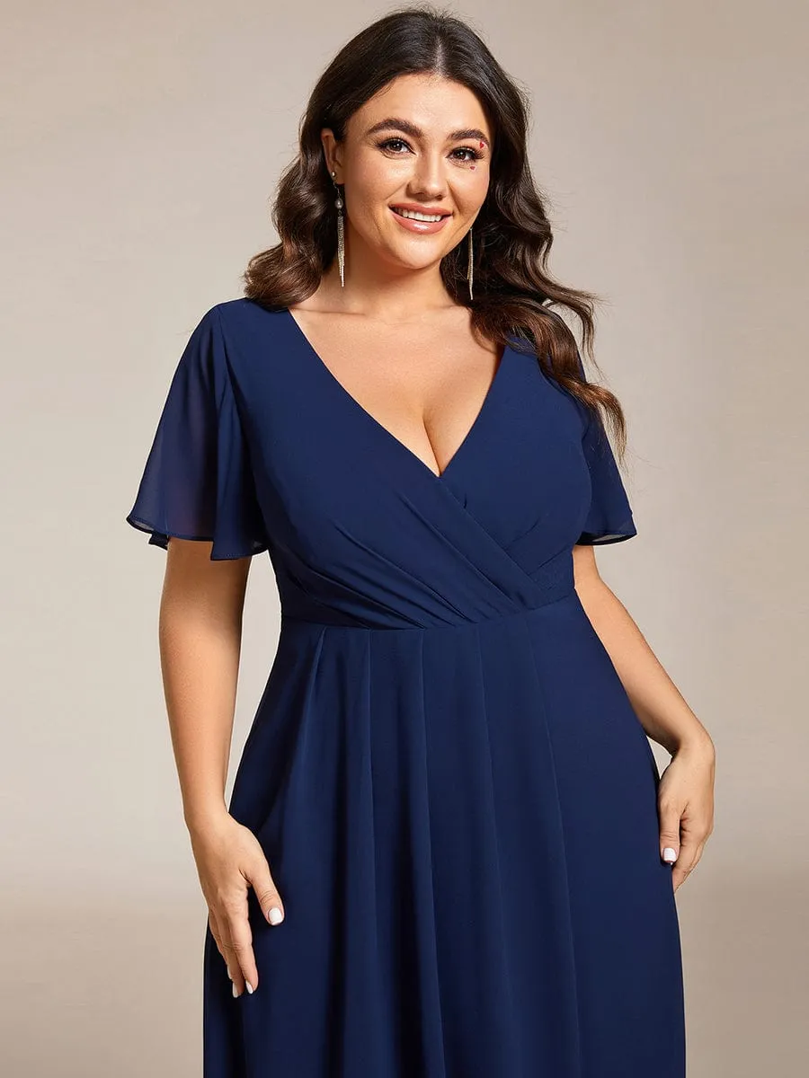 Plus Size Chiffon Short Sleeves Pleated V-Neck A-Line Midi Wedding Guest Dress