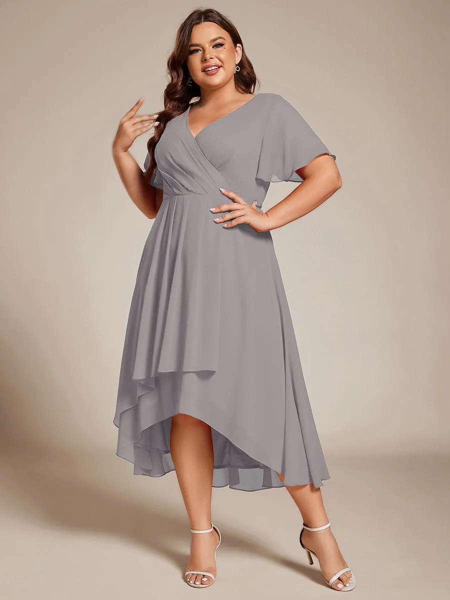 Plus Size Chiffon Short Sleeves Pleated V-Neck A-Line Midi Wedding Guest Dress