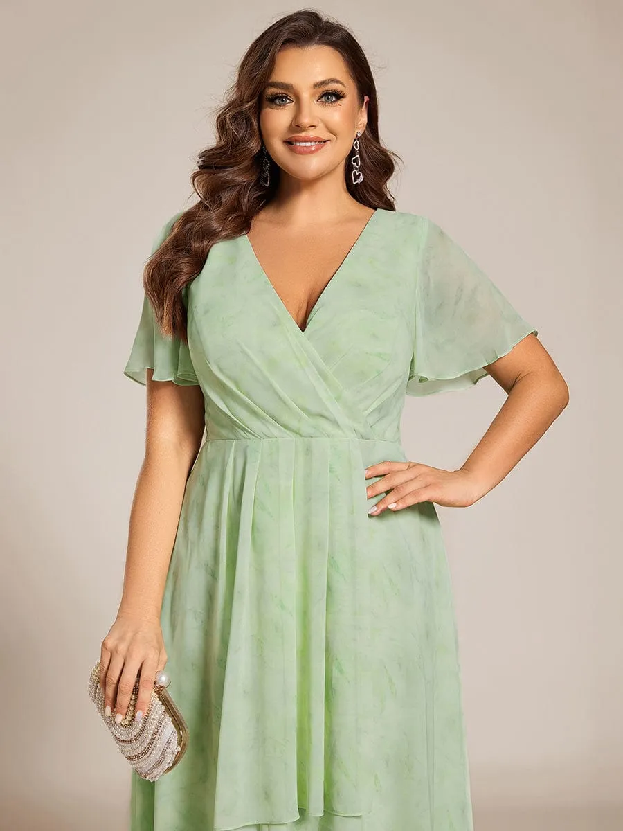 Plus Size Chiffon Short Sleeves Pleated V-Neck A-Line Midi Wedding Guest Dress