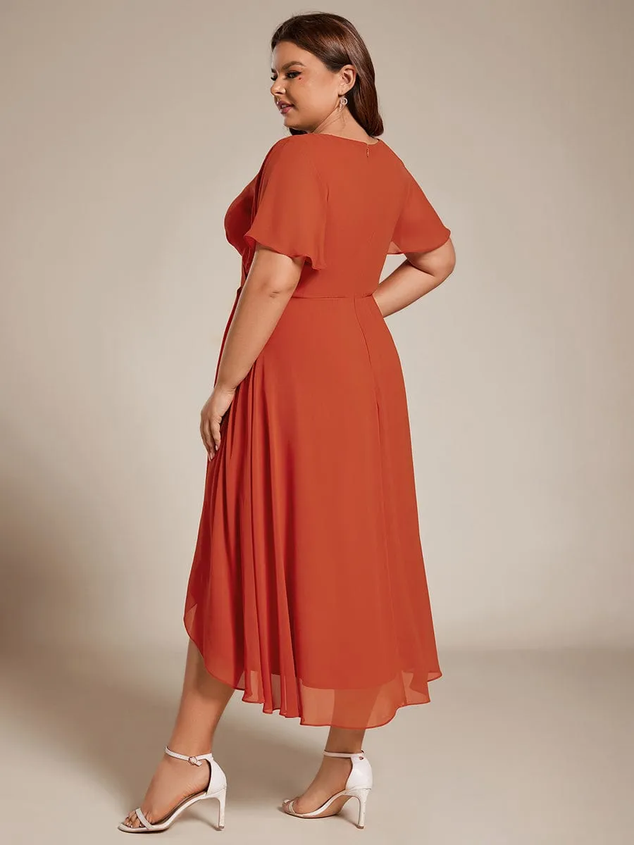 Plus Size Chiffon Short Sleeves Pleated V-Neck A-Line Midi Wedding Guest Dress