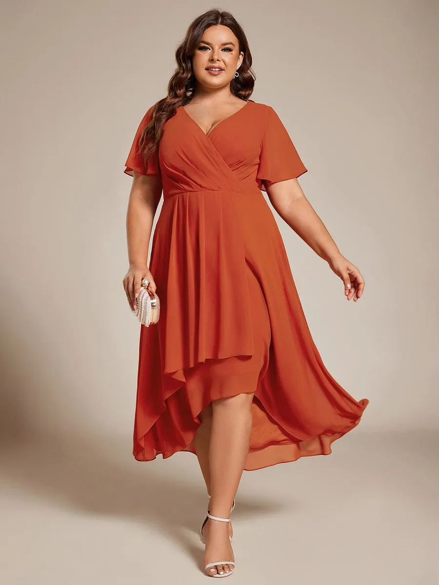 Plus Size Chiffon Short Sleeves Pleated V-Neck A-Line Midi Wedding Guest Dress