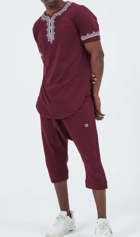 QL ETNIZ Set Relaxed Shorts and Embroidered Top in Burgundy and White