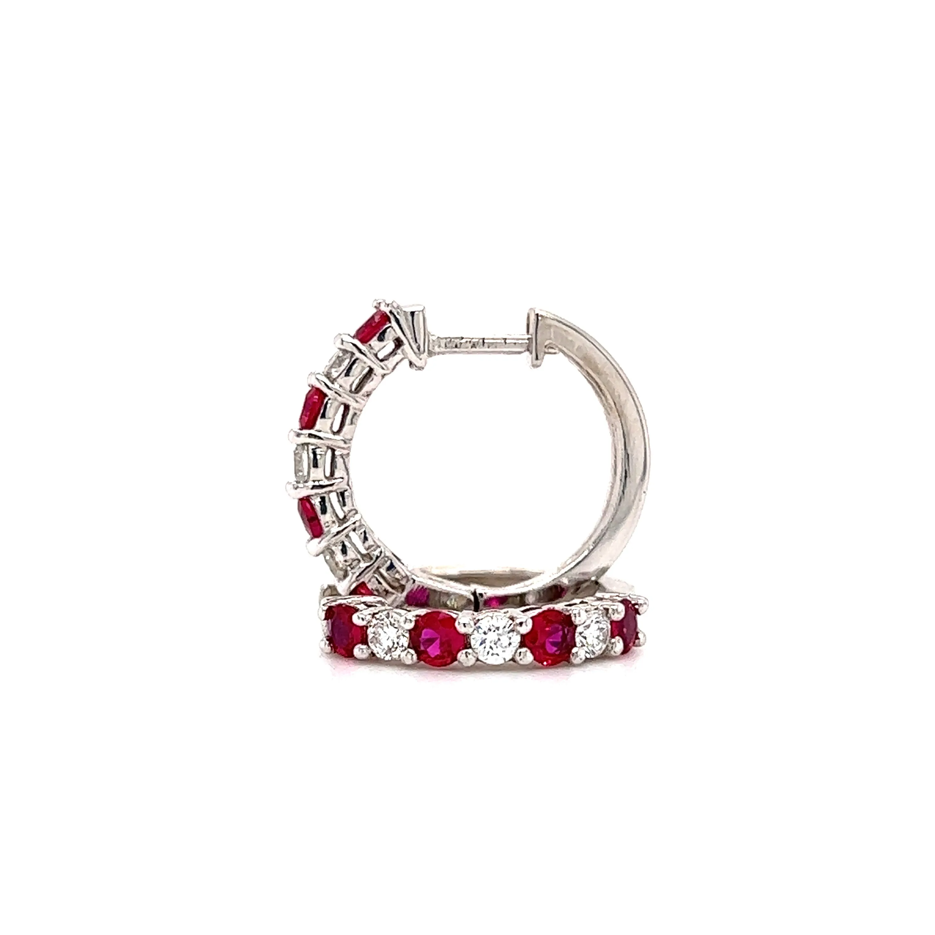 Ruby Hoop Earrings with Six Round Diamonds in 14K White Gold