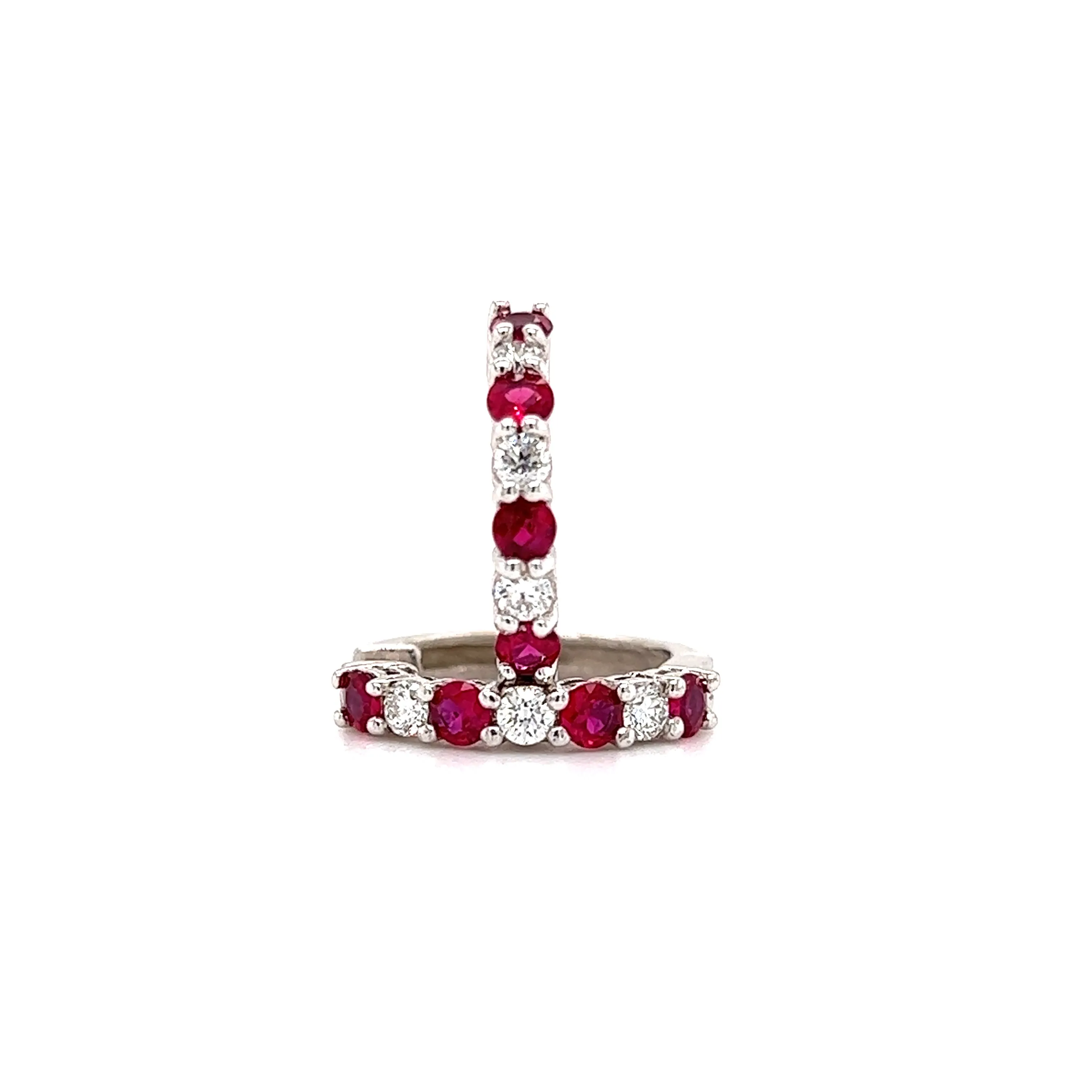 Ruby Hoop Earrings with Six Round Diamonds in 14K White Gold