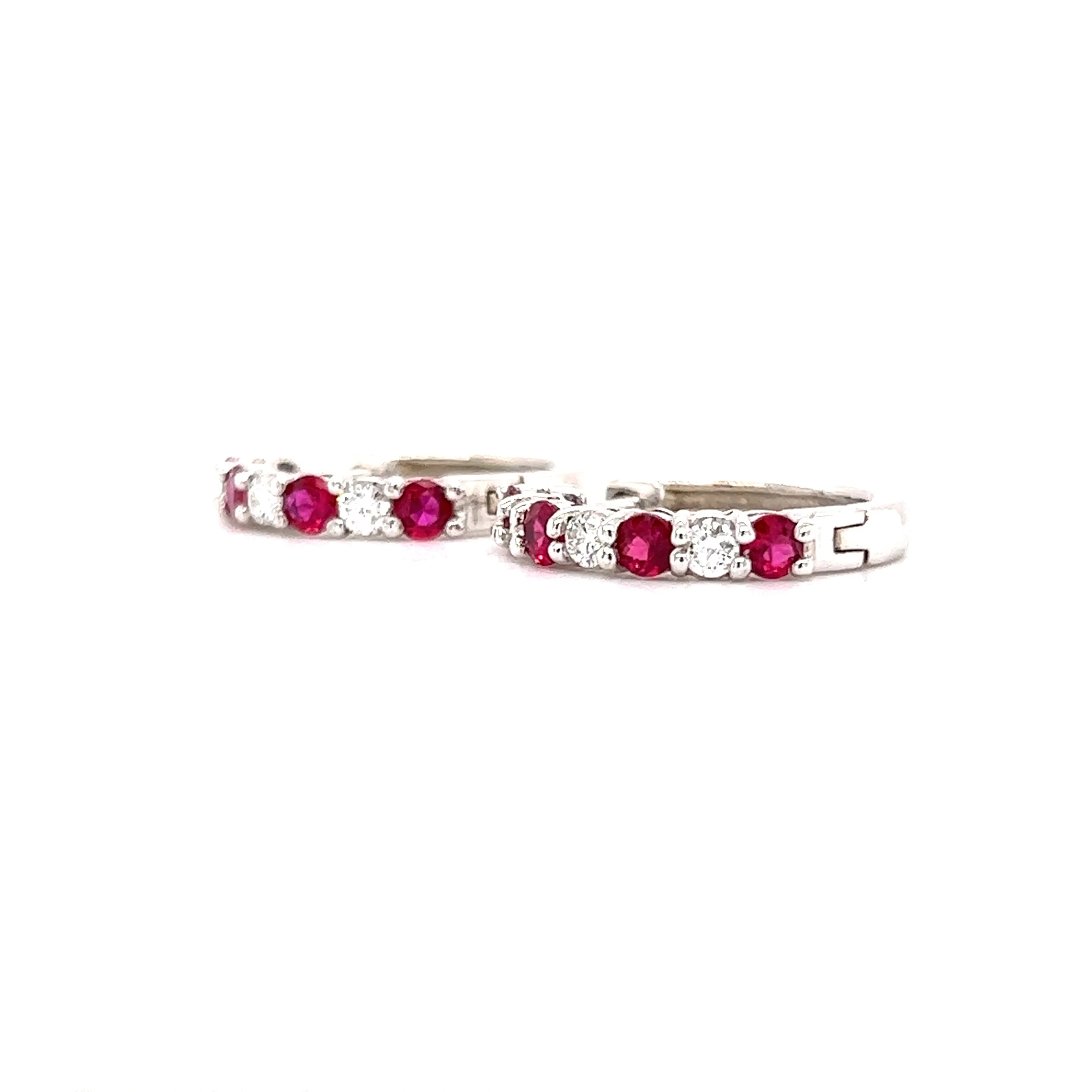 Ruby Hoop Earrings with Six Round Diamonds in 14K White Gold