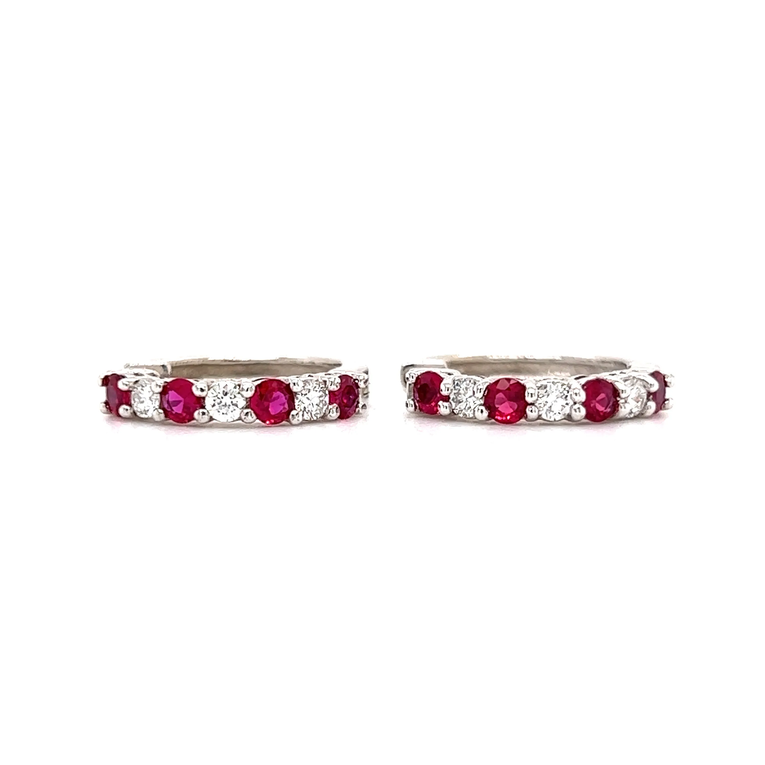 Ruby Hoop Earrings with Six Round Diamonds in 14K White Gold