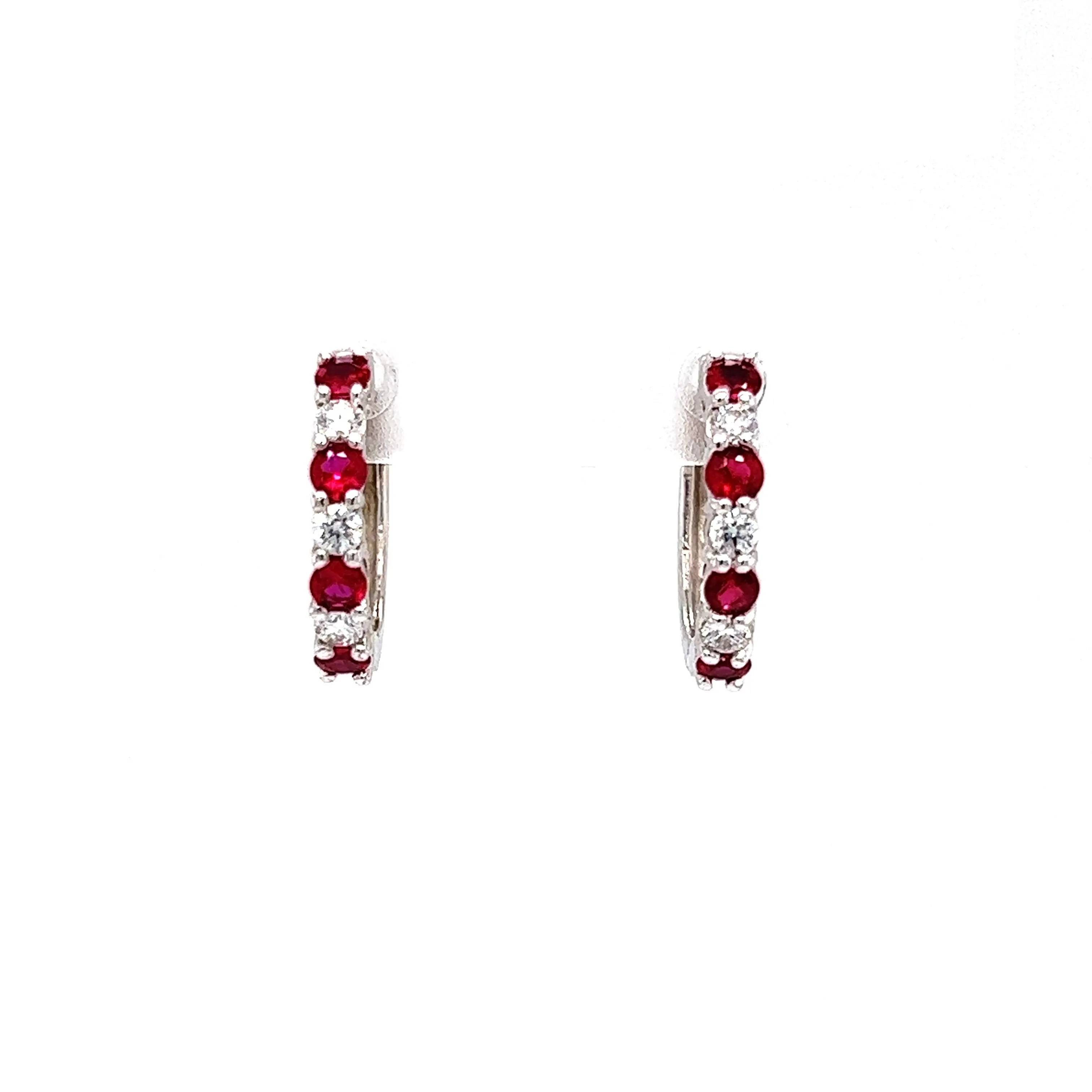 Ruby Hoop Earrings with Six Round Diamonds in 14K White Gold