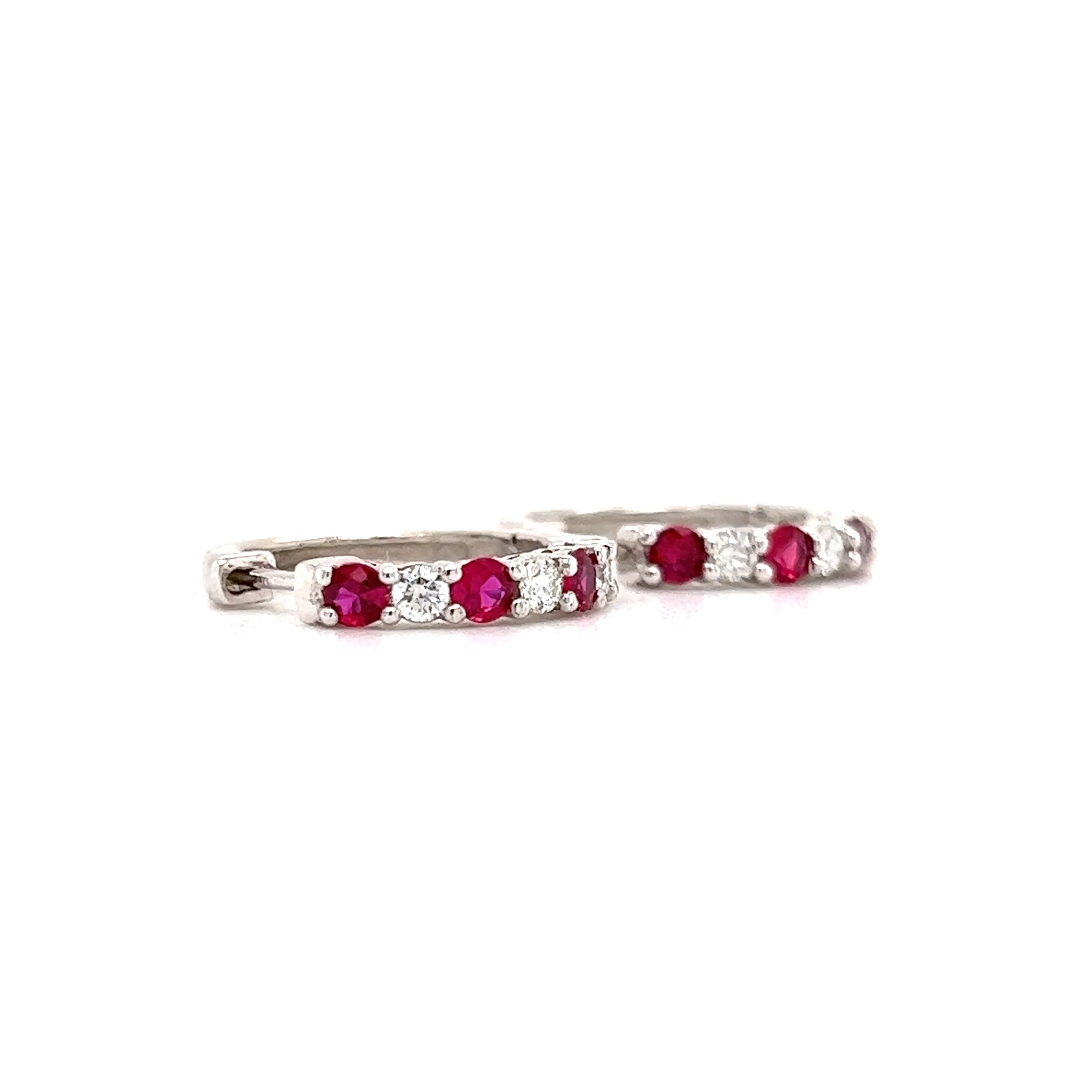 Ruby Hoop Earrings with Six Round Diamonds in 14K White Gold