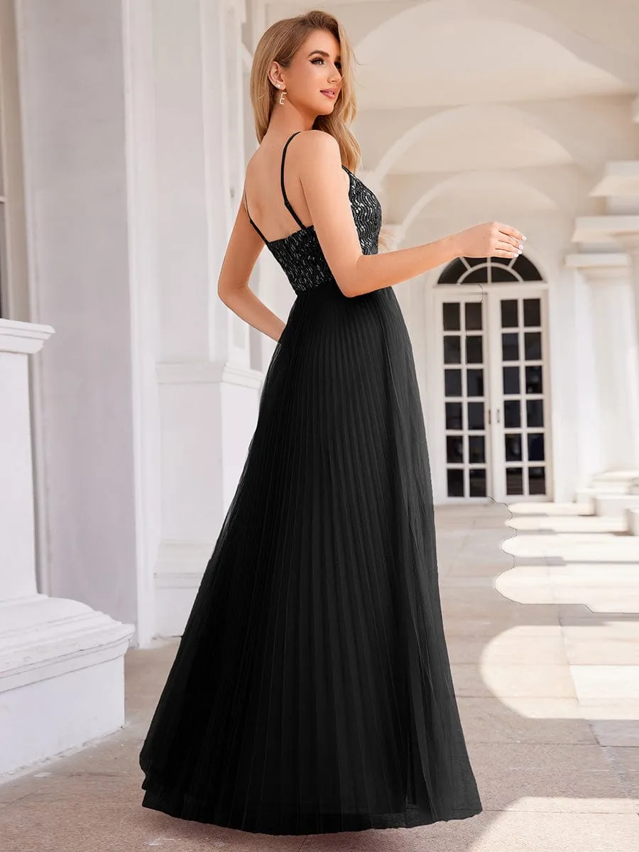 Sequin See Through V-Neck Sleeveless WholesaleTulle Evening Dress