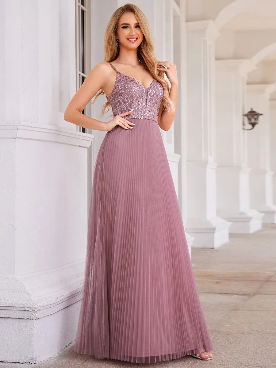 Sequin See Through V-Neck Sleeveless WholesaleTulle Evening Dress