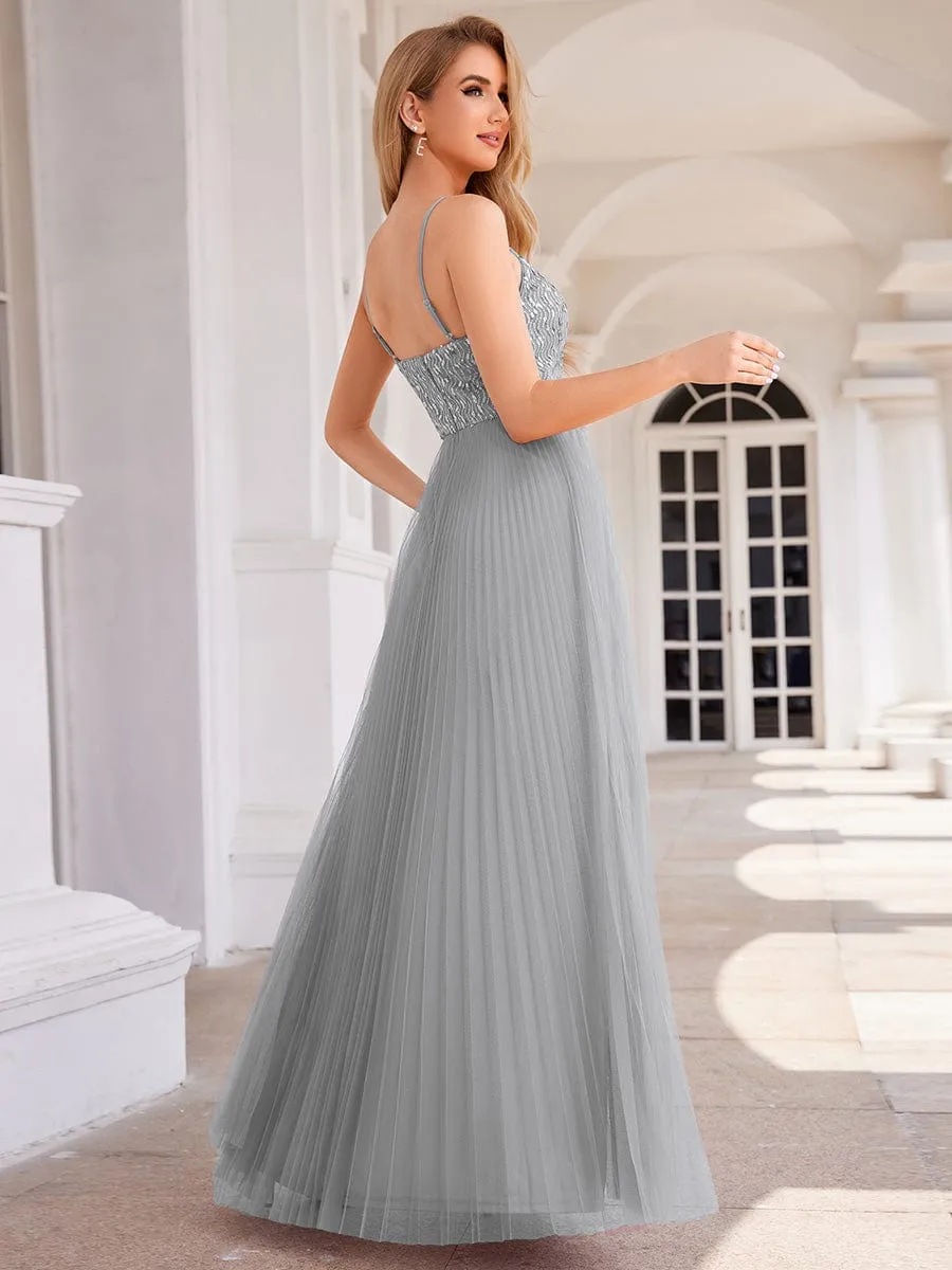 Sequin See Through V-Neck Sleeveless WholesaleTulle Evening Dress