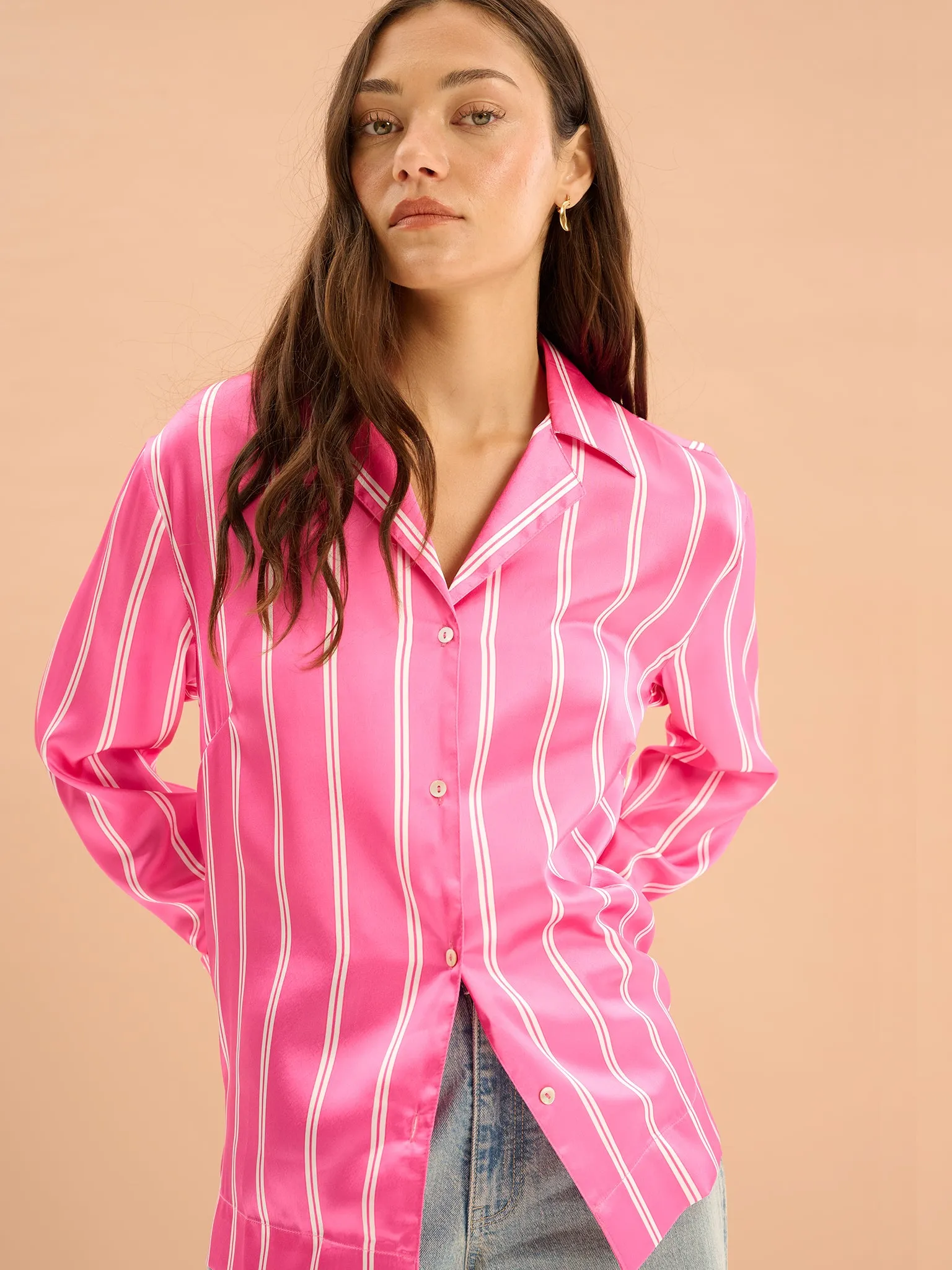 Shield Cerise Stripe Satin Boxy Shirt