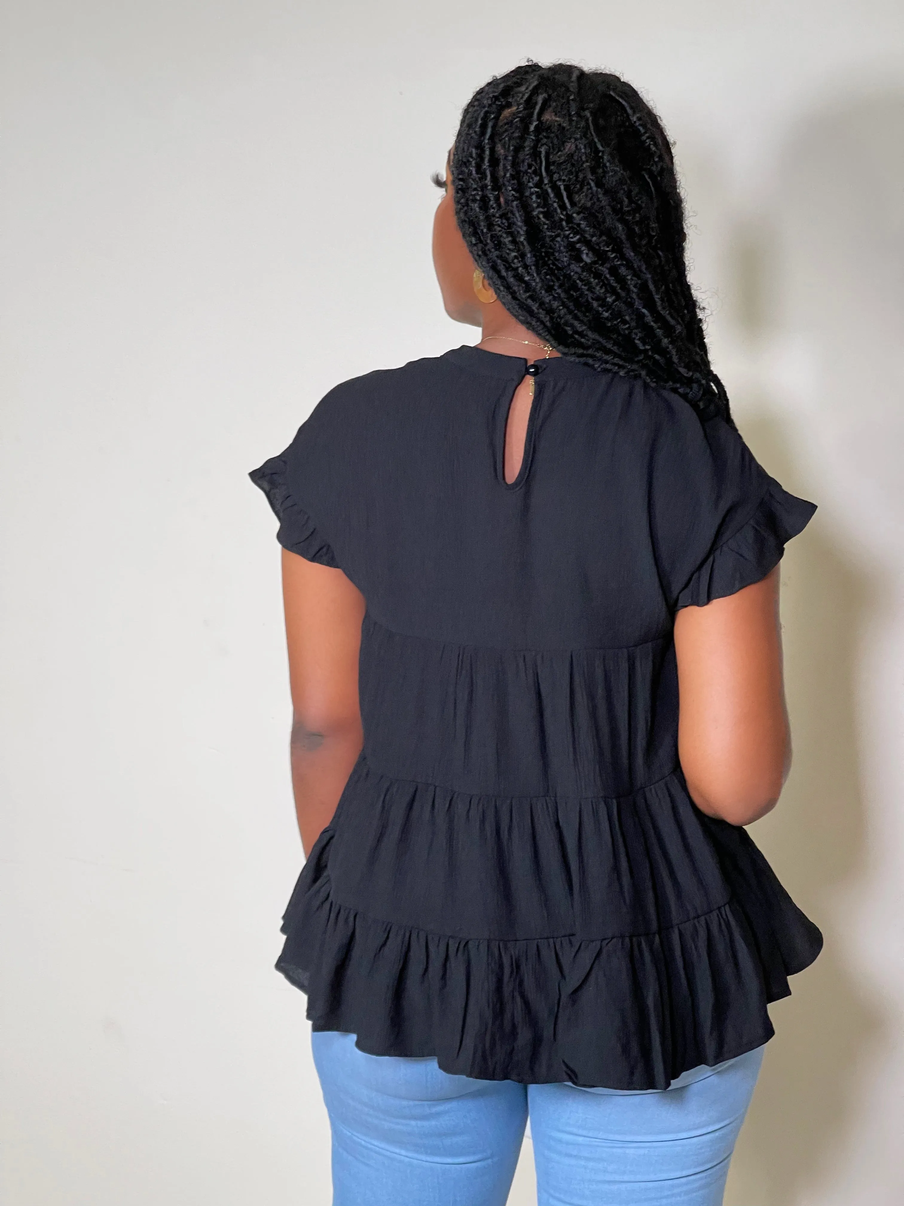 Sia Ruffle Sleeve Tiered Tunic Top-Black