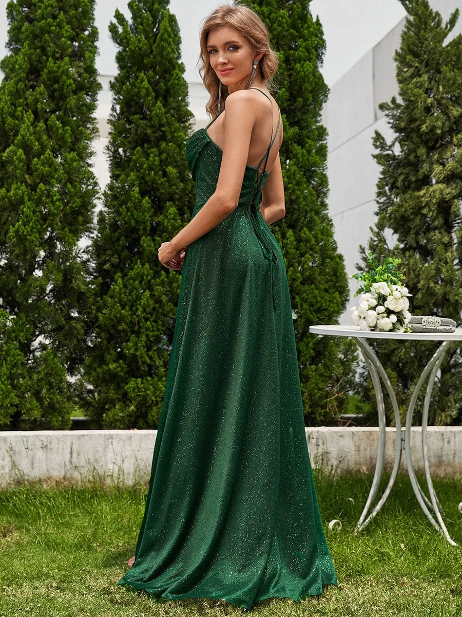 Sparkling Sleeveless Cowl Neck Evening Dress with High Slit