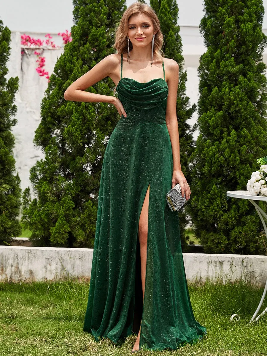 Sparkling Sleeveless Cowl Neck Evening Dress with High Slit