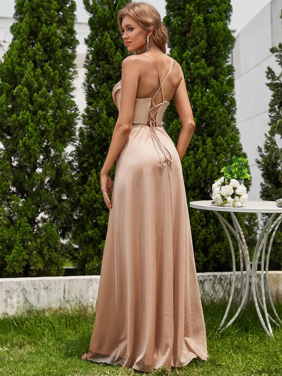 Sparkling Sleeveless Cowl Neck Evening Dress with High Slit