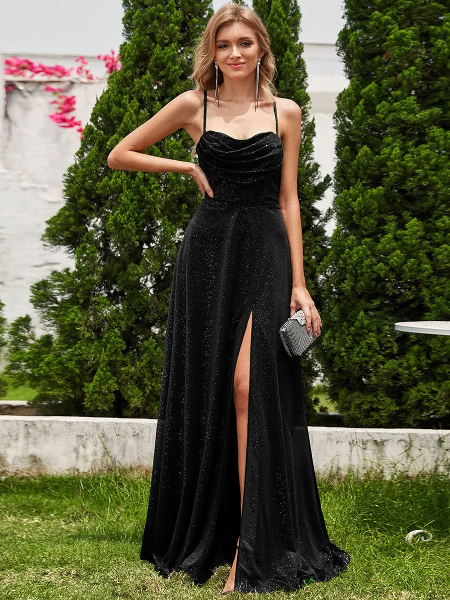 Sparkling Sleeveless Cowl Neck Evening Dress with High Slit