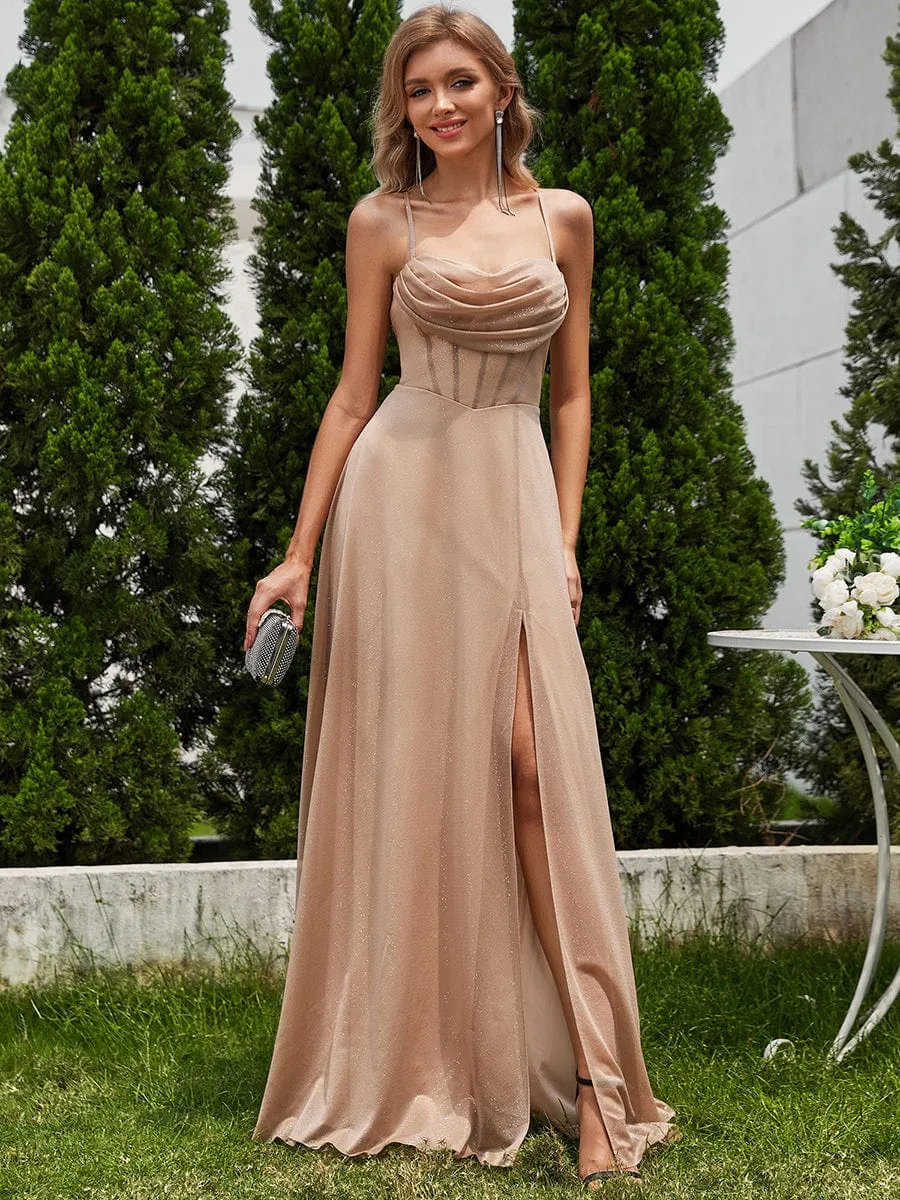 Sparkling Sleeveless Cowl Neck Evening Dress with High Slit