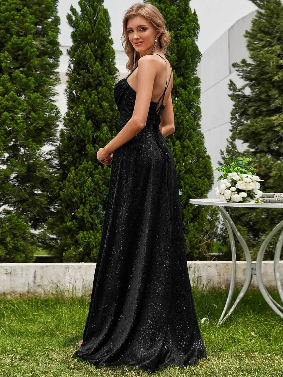 Sparkling Sleeveless Cowl Neck Evening Dress with High Slit