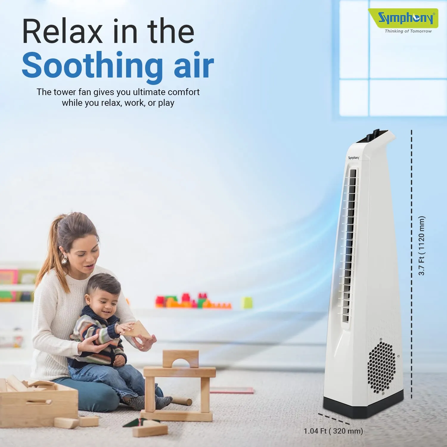 Symphony Surround High Speed Bladeless Technology Tower Fan for Home With Swivel Action, Dust Filter, and Low Power Consumption (White)