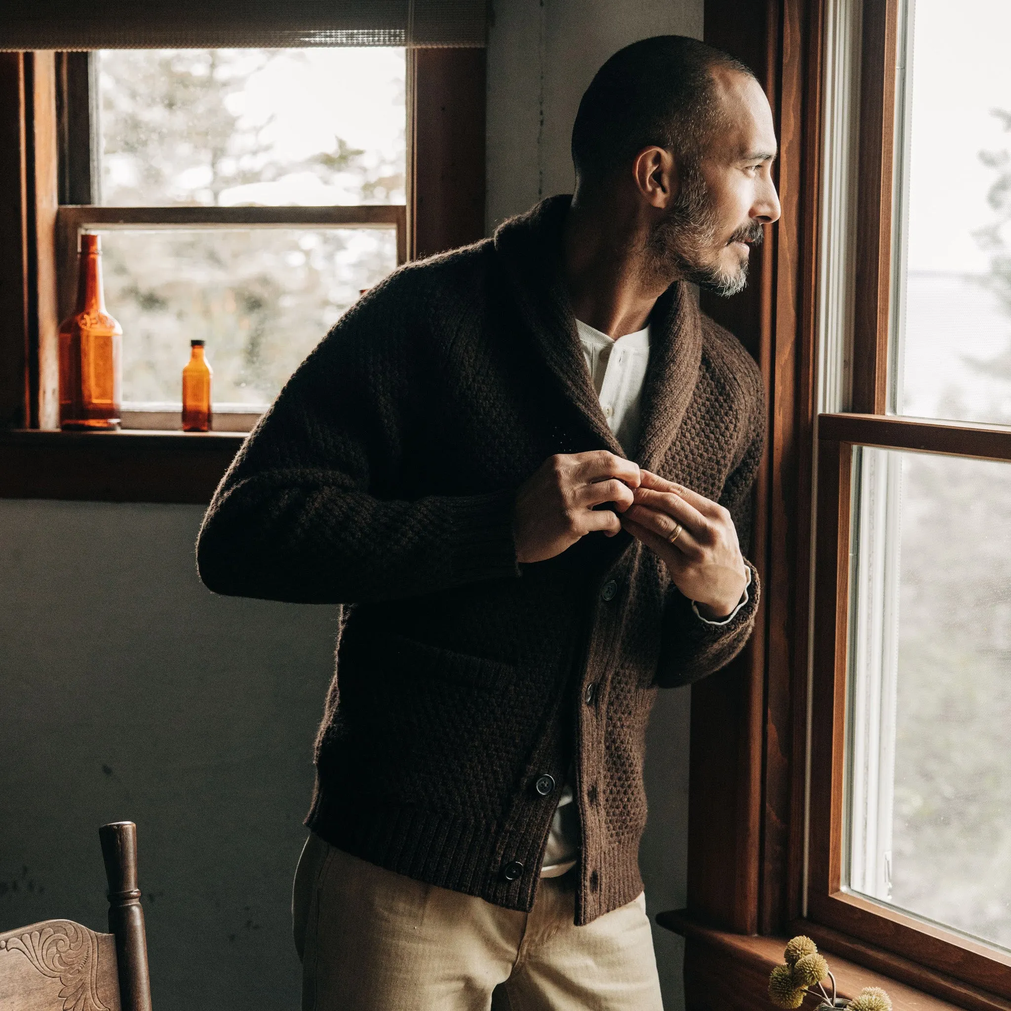 The Fisherman Shawl Cardigan in Marsh Heather