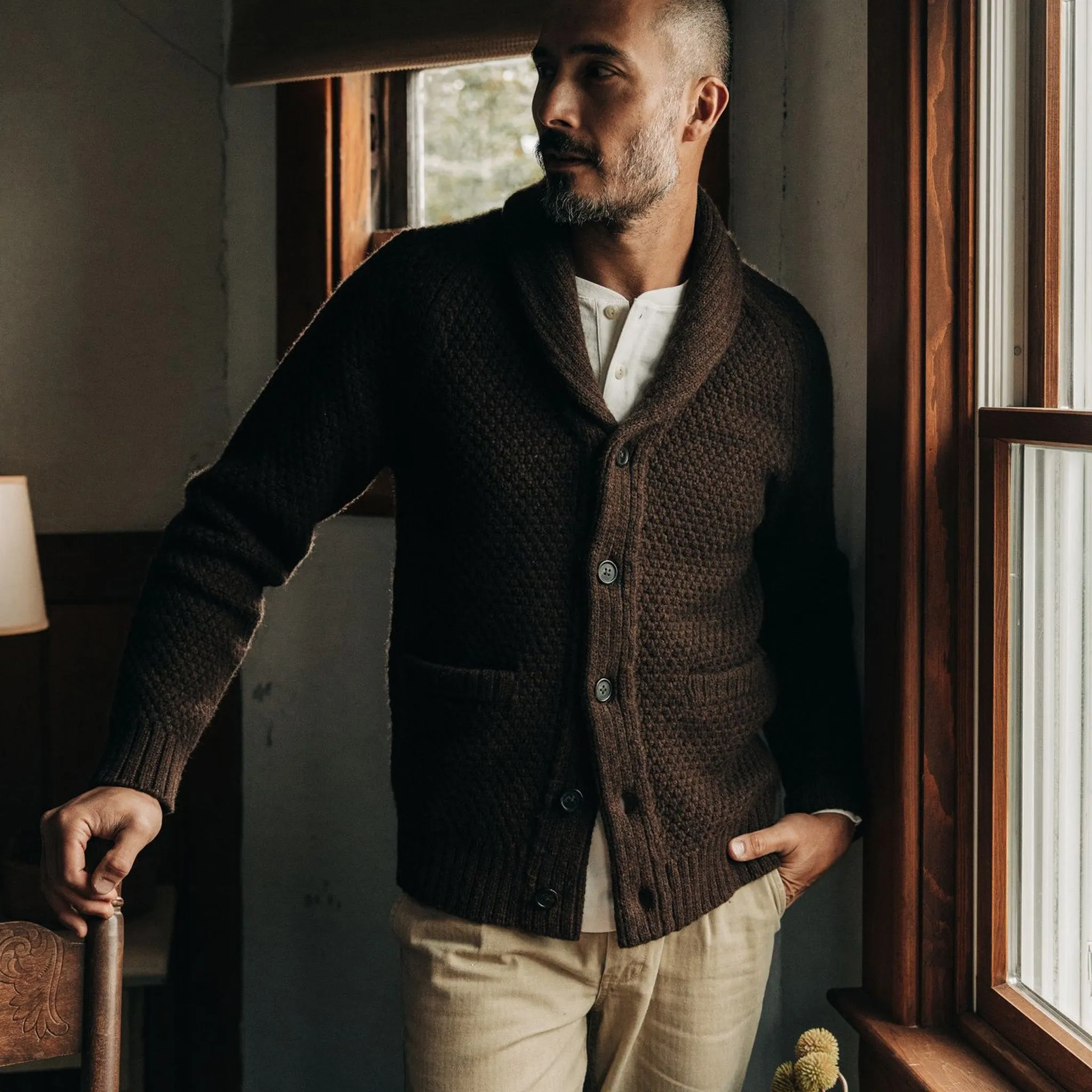 The Fisherman Shawl Cardigan in Marsh Heather