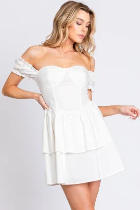 White Off Shoulder Ruffled Mini Dress