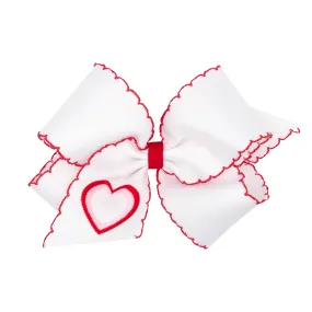 White with Heart Embroidered Red Moon Stitch Hair Bow on Clippie