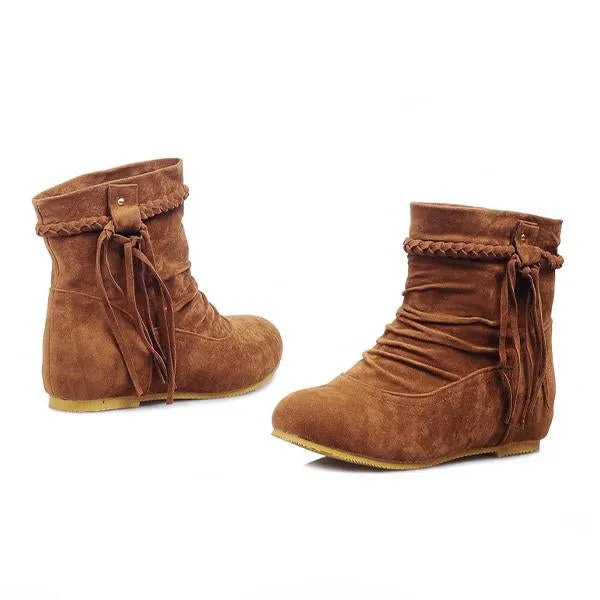 Women's Casual Fringe Braided Suede Flat Short Boots 75402416S