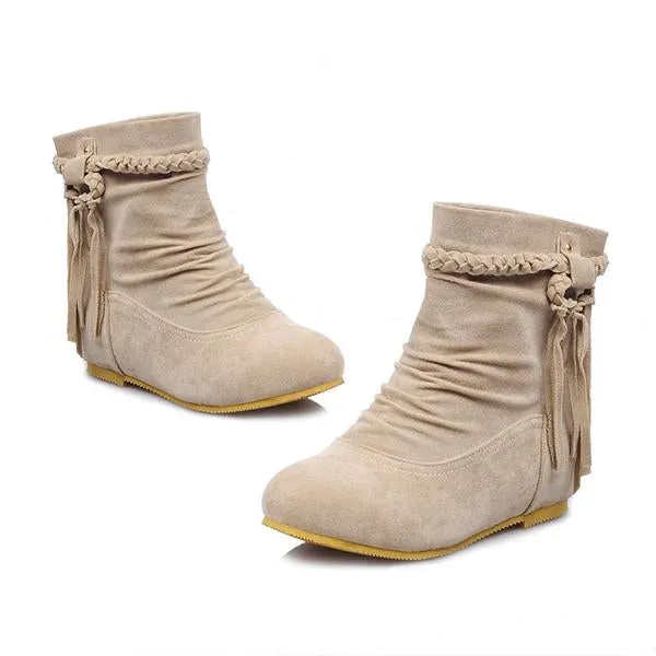 Women's Casual Fringe Braided Suede Flat Short Boots 75402416S