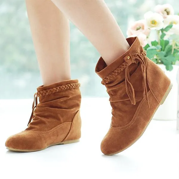 Women's Casual Fringe Braided Suede Flat Short Boots 75402416S