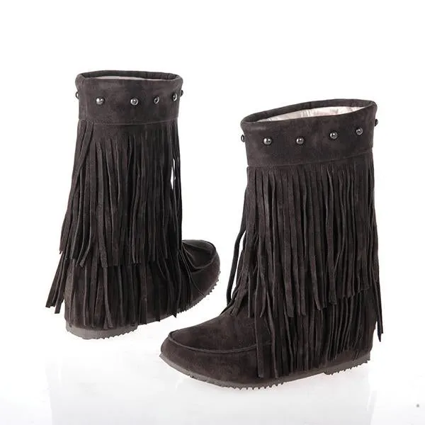 Women's Casual Retro Studded Tassel Flat Mid-calf Boots 39262121S