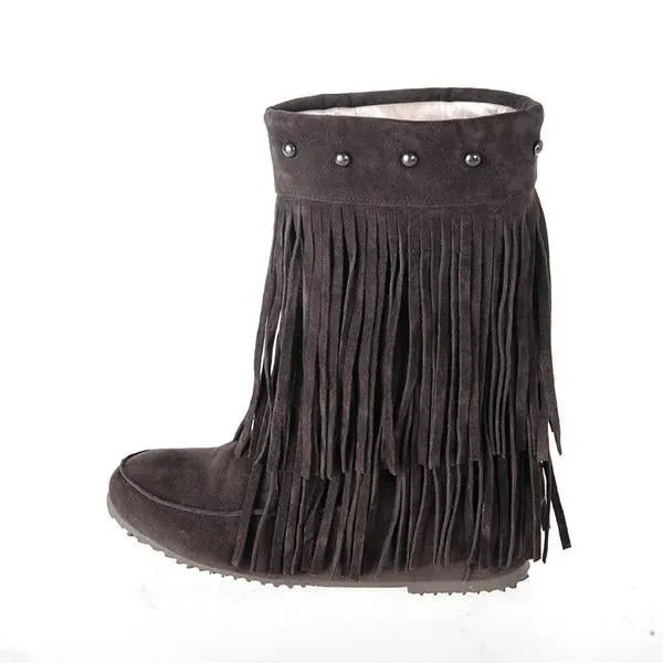 Women's Casual Retro Studded Tassel Flat Mid-calf Boots 39262121S